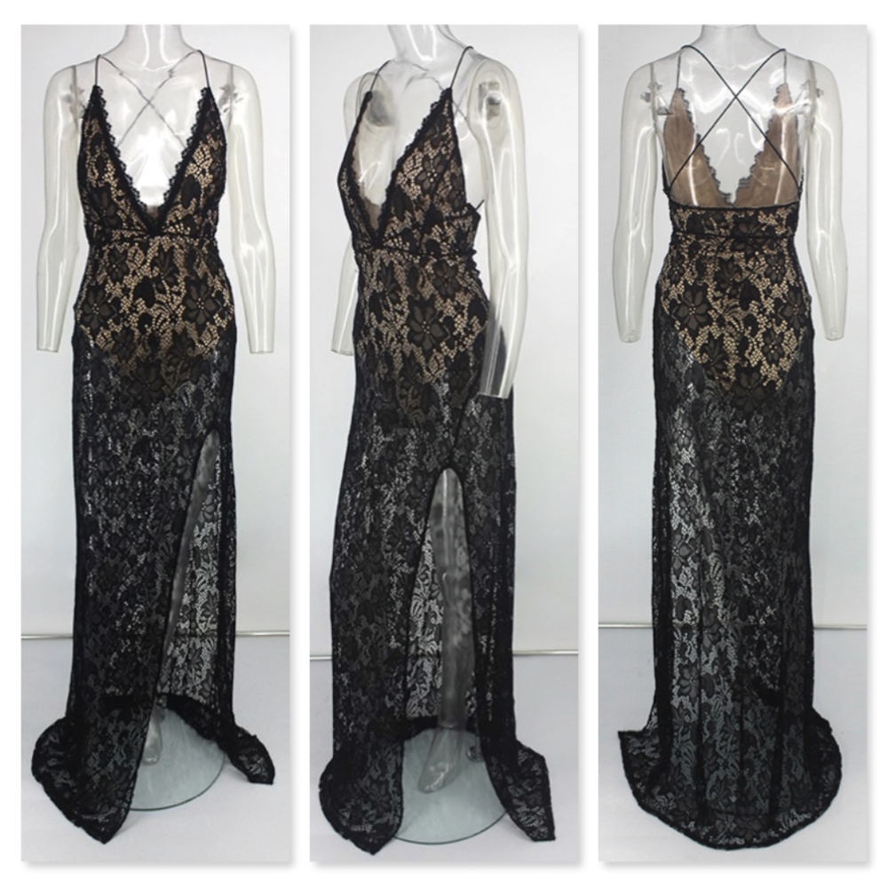 Plunging V Lace Dress with Built-In Bodysuit - Picture 5 of 8